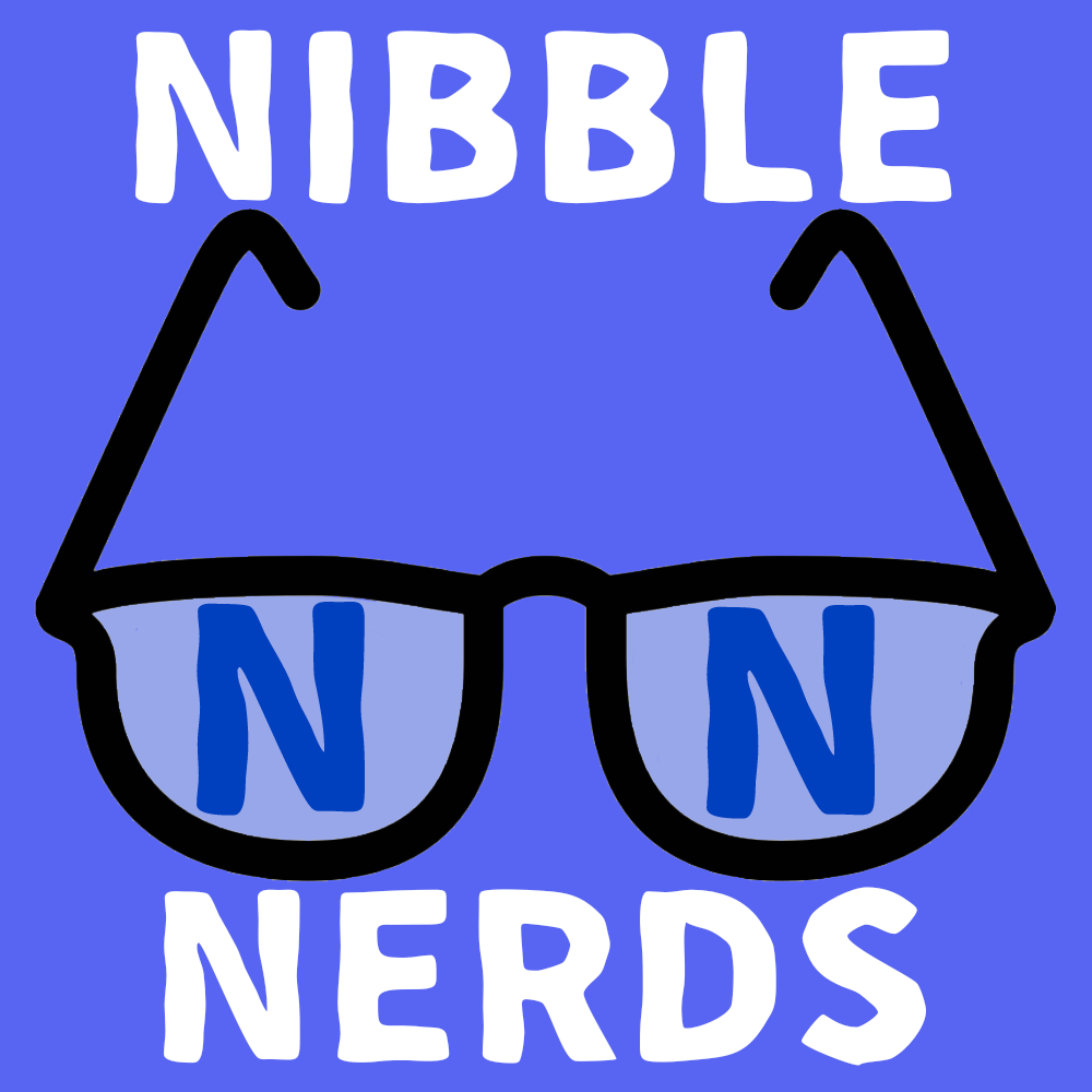 Nibble Nerds Logo, a pair of glasses with an N in each lens, the word Nibble above them, and the word Nerds below them.