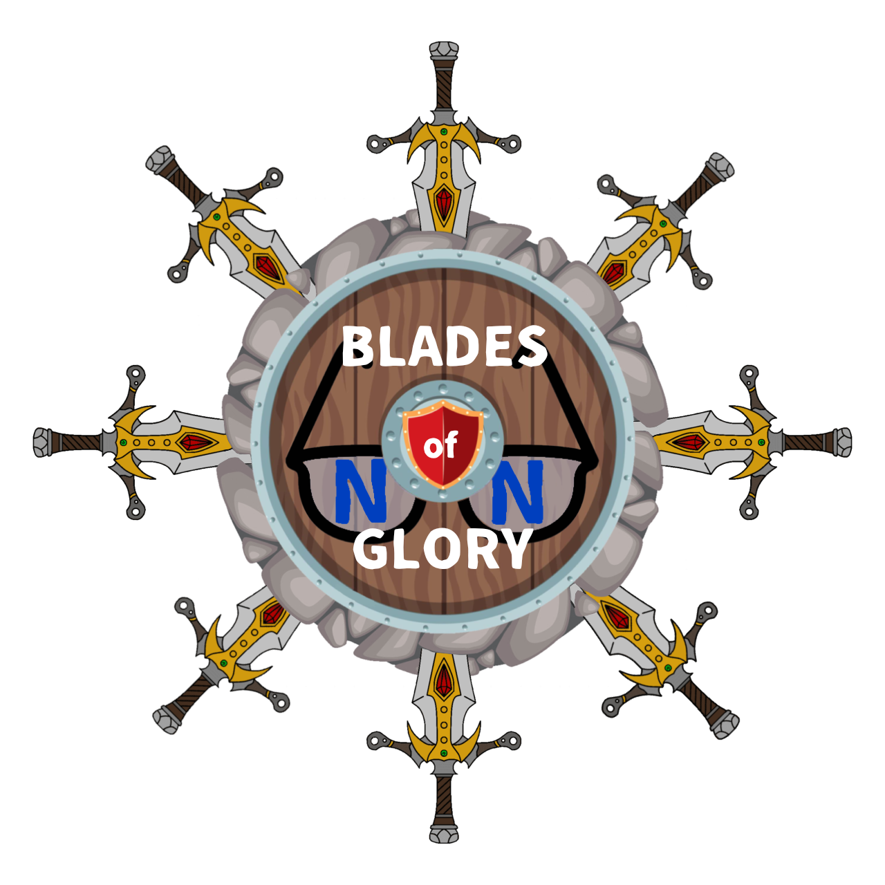 The Blades of Glory Icon: A circular wooden shield with a metallic border, crossed by a balance scale symbol. Around the shield, eight golden swords with ornate red accents radiate outward like a star. At the center, the text 'Blades of Glory' is written in white, with the word 'of' displayed on a red shield.